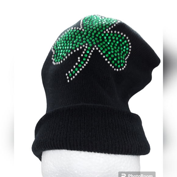 Black Knit Hat with Rhinestone Shamrock - Picture 6 of 8
